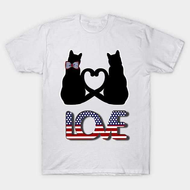 Love in American style and two black cats with tails creating a heart T-Shirt by Blue Butterfly Designs 